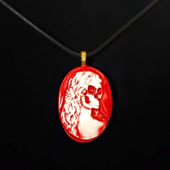 Handmade Ceramic Red Skull Cameo Pendant Necklace - Picture 1 of 14